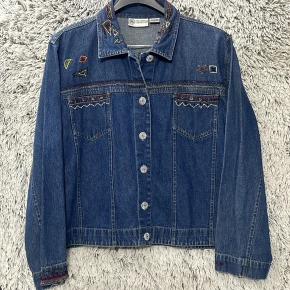 Vintage 90's Artsy Bohohemian Whimsy Celestial Beaded Aztec Denim Jacket Medium - Picture 4 of 11